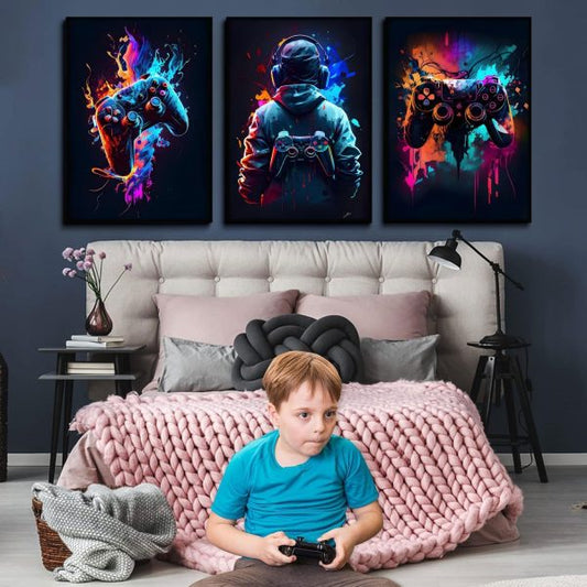Set of 3 Cool Gaming Wall Art Retro Sticky Phototiles for Home Decor