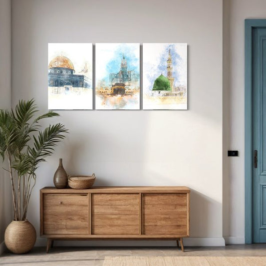 Islamic calligraphy wall art set – 3 elegant Arabic designs on MDF – premium spiritual décor for interiors