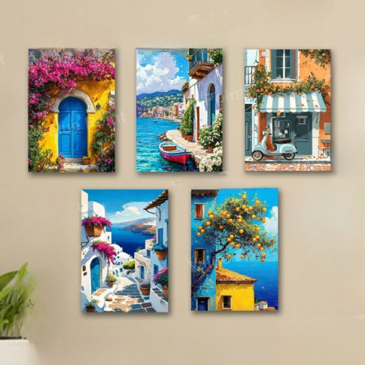 Set of five colorful wall art prints depicting Mediterranean scenes for home decoration